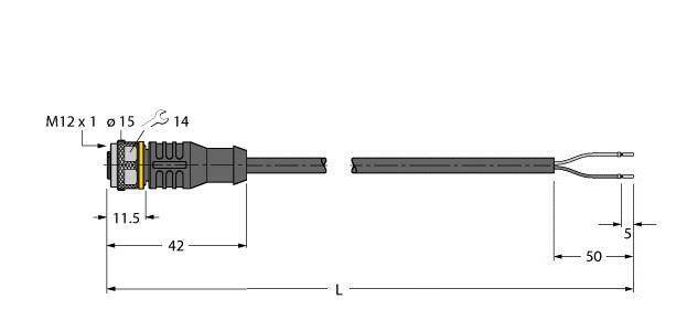 'Technische Zeichnung eines M12-Steckverbinders mit Kabel.' Beschriftungen: M12 x 1, ⌀15, ⌀14, Längenangaben 11.5 mm, 42 mm, 50 mm.