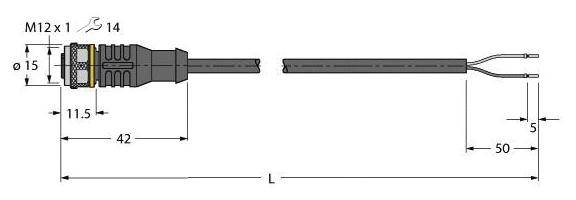 Technische Zeichnung eines Steckverbinders. Maße: Ø15 mm, Länge 42 mm bis Stecker, Gesamtlänge L. Anschlussteile messen 50 mm.