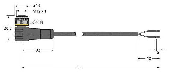 Technische Zeichnung eines rechtwinkligen Steckverbinders mit Maßen: Durchmesser 15 mm, M12-Gewinde, Gesamtlänge 82 mm.