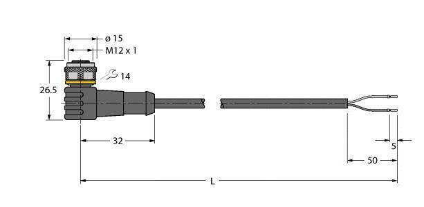 Diagramm eines elektrischen Steckers mit Kabelanschluss. Links sind die Maße '26,5 mm', '32 mm' und Durchmesser '15 mm' dargestellt.