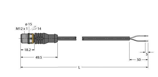 Technische Zeichnung eines Steckverbinders mit Maßangaben: Länge des Steckers 49,5 mm, Kabeldicke 5 mm, Gewinde M12 x 1.