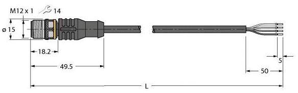 Technische Zeichnung eines M12-Steckers mit Maßen: Länge des Steckers 49,5 mm, Gesamtlänge des Kabels 50 mm, Durchmesser 15 mm.