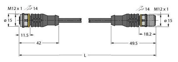Technische Zeichnung eines Steckers mit Abmessungen: Links 42 mm, rechts 49,5 mm. Beide mit M12 x 1 Gewinde.
