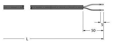 Diagramm eines Kabels mit den Maßen: Länge 'L', Breite '5', Abstand zwischen zwei Drähten '50'.