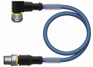 Blaues Kabel mit zwei schwarzen und silbernen Anschlüssen an den Enden, eines im rechten Winkel gebogen.