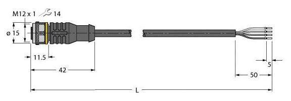 Ein Kabelsteckverbinder M12 mit Abmessungen: Durchmesser 15 mm, Länge 42 mm, Gesamtlänge L, Anschlusskabel 50 mm.