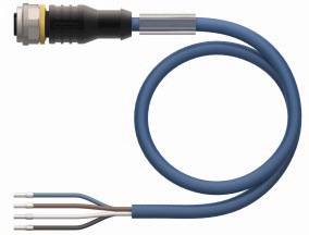 Ein blaues elektrisches Kabel mit einem schwarzen Stecker an einem Ende und freiliegenden Drähten am anderen Ende.