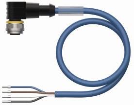 Ein blaues Kabel mit einem Eckstecker und vier herausragenden Drähten. Hauptsächlich für elektrische Verbindungen verwendet.