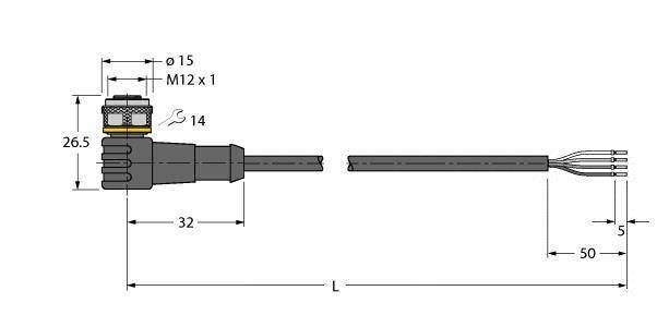 Technische Zeichnung eines M12-Steckverbinders mit Maßen: 26,5 mm Gesamtdurchmesser, 32 mm Länge bis zur Kabelverlängerung.