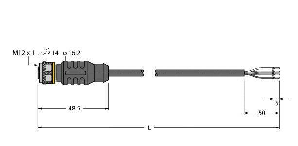 Technische Zeichnung eines M12-Steckers mit Maßen: Gesamtlänge 98,5mm, Stecker-Kopf 16,2mm Durchmesser, Kabellänge 50mm.