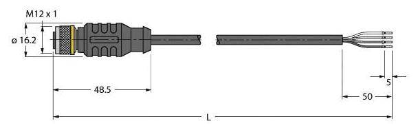 Steckverbinder M12 mit 3 Kabeln; Maße: Durchmesser 16,2 mm, Länge 48,5 mm; Kabel 50 mm lang, 5 mm freigelegte Drähte.