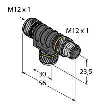 T-Stück-Verbinder mit drei M12 x 1-Buchsen. Abmessungen: Länge 56 mm, Breite 30 mm, Höhe 23,5 mm. Hauptfunktion: Verbindungen verzweigen.