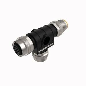 Verbinder mit schwarzem Kunststoffkorpus und metallischen Steckverbindern, beschriftet mit 'TURCK', auf weißem Hintergrund.