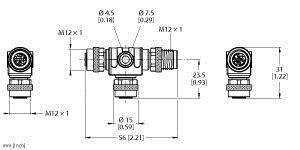 Technische Zeichnung eines M12 T-Stücks mit genauen Maßen in Millimetern und Zoll; Details zu Anschlüssen und Gewinden sind angegeben.
