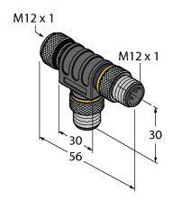T-Stück Verbinder mit M12 x 1 Gewinde an allen drei Enden. Maße: 30mm Höhe beidseitig, 56mm Breite insgesamt. Ideal für Rohre.