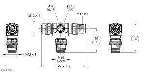 Technische Zeichnung eines T-Stücks mit M12-Gewindeanschlüssen. Maße: Breite 56 mm, Höhe 30 mm. Zeigt seitliche Ansichten.