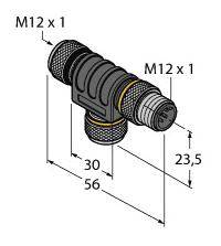 T-Steckverbinder mit drei M12 x 1 Anschlüssen, eine Seite verlängert. Maße: Höhe 23,5 mm, Breite 56 mm, Länge 30 mm.