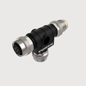 Ein T-Steckverbinder des Typs M12 von TURCK mit schwarzem Gehäuse und metallenen Anschlüssen, verwendet für industrielle Verkabelung.