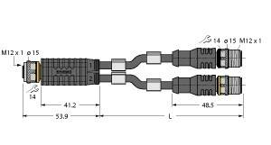 Diagramm eines Kabelsplitters mit M12-Steckern. Maße: 53,9 mm gesamt, 41,2 mm Hauptkabel, 48,5 mm gesplittet. Anschlüsse markiert.