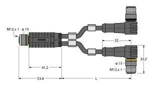 Diagramm eines Y-Kabels mit Steckern M12 x 1. Dimensionen: 41,2 mm, 32 mm und 33,5 mm. Enthält zwei Abzweigungen und Längenmarkierung 53,9 mm.