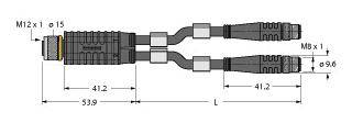 Diagramm eines elektrischen Steckverbinders mit M12 x 1 Stecker und zwei M8 x 1 Buchsen. Maße: insgesamt 53,9 mm lang, Buchsen 41,2 mm lang.