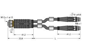 Technische Zeichnung eines Kabelverbinders mit Abmessungen. Links: M12 Stecker, rechts: zwei M8 Stecker, Länge angegeben.