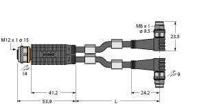 Technische Zeichnung eines Y-Adapters mit Abmessungen und Anschlüssen. Adapter hat M12-Stecker und zwei M8-Buchsen. Längenangaben: 41,2 mm, 53,9 mm, 24,2 mm.