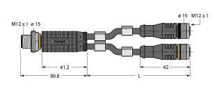 Abbildung zeigt einen M12-Y-Adapter mit den Maßen: Länge 412 mm auf der linken Seite, verbunden mit zwei 42 mm langen Kabeln rechts.