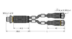 Technische Zeichnung eines M12 Y-Verteilers mit Maßangaben. Zeigt eine Anschlusseinheit links und zwei Anschlussstecker rechts.