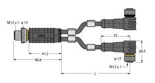 Technische Zeichnung eines Kabelverbinders mit Maßen in Millimetern. Länge ist mit 'L' markiert, andere Maße sind 60, 32 und 26,5 mm.