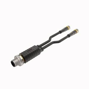 Industrieanschlussadapter mit einem großen runden Stecker auf der linken Seite und zwei kleineren Steckverbindungen auf der rechten Seite.