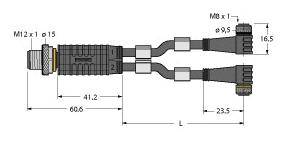 Technische Zeichnung eines Kabelverteilers mit M12-Anschluss, Maße: 60,6 mm, 41,2 mm, 23,5 mm. Zwei abgehende Kabel mit M8-Anschlüssen.