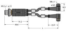Technische Zeichnung eines Steckverbinders mit zwei Kabeln. Maße: 60,6 mm Länge, 41,2 mm, 23,5 mm. Anschlüsse M12x1 und M8x1.