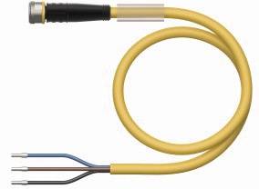 Ein gelbes Kabel mit einem schwarzen Stecker am Ende. Am anderen Ende befinden sich drei offene Drähte in den Farben Blau, Braun und Grau.