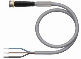 Graues dreiadriges Kabel mit schwarzem Stecker und silberner Ummantelung. Geeignet für elektrische Anschlüsse.