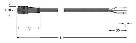 Technische Zeichnung eines Steckers mit Abmessungen: Durchmesser 10,2 mm, Länge 32,1 mm, Kabel 50 mm lang, mit 5 mm Abstand.