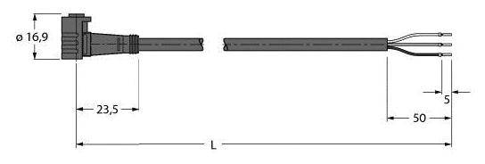 Technische Zeichnung eines rechteckigen Steckers mit Kabeln. Maße: Durchmesser 16,9 mm, Länge 23,5 mm.