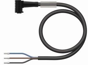 Schwarzes Kabel mit drei offenen Adern in Blau, Braun und Grün-Gelb an einem abgewinkelten Stecker.