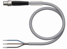 Ein graues Elektronik-Kabel mit drei bunten, abisolierten Drähten wird in einer Kurve gezeigt.