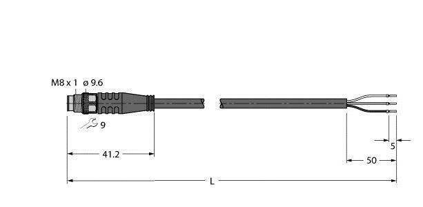 Technische Zeichnung eines M8 Steckers mit Maßen: 41,2 mm Länge des Steckers, Kabelabmessungen von 50 mm und 5 mm.
