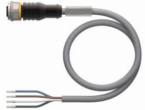 Ein graues Kabel mit einem silbernen Stecker und vier abisolierten Enden in unterschiedlichen Farben.