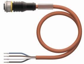 Ein orangefarbenes, gewundenes Kabel mit einem schwarzen Stecker an einem Ende und vier freiliegenden Drähten am anderen Ende.