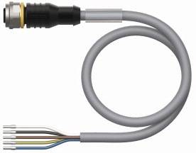 Ein graues Kabel mit einem runden Stecker an einem Ende und mehreren offenen Adern am anderen Ende, geeignet für elektronische Verbindungen.