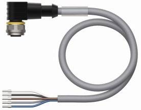 Ein graues, spiralförmiges Kabel mit fünf farbigen Drähten an einem Ende und einem schwarzen Stecker am anderen Ende.