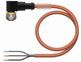 Ein orangefarbenes Sensorkabel mit drei freiliegenden Drähten auf der rechten Seite und einem schwarzen Stecker auf der linken Seite.