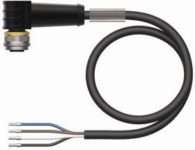 Schwarzes Kabel mit Metallanschluss und farbigen Drähten am Ende, verwendet für elektrische Verbindungen in industriellen Anwendungen.