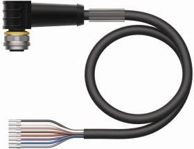 Ein schwarzes Kabel mit einem schwarzen Anschluss an einem Ende und mehreren freiliegenden Drähten am anderen Ende.