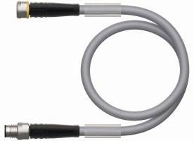 Ein graues, gebogenes Kabel mit je einem schwarzen Steckanschluss an beiden Enden.