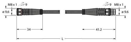 Technische Zeichnung von zwei M8x1 Steckern mit Maßen: 34 mm und 41,2 mm Länge, 9,6 mm Durchmesser. Beidseitig mit Schraubenschlüsseln 9.