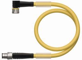 Ein gelbes, spiralförmig gewundenes Kabel mit schwarzen Enden und Metallverbindungen, liegt in einer Schlaufe.